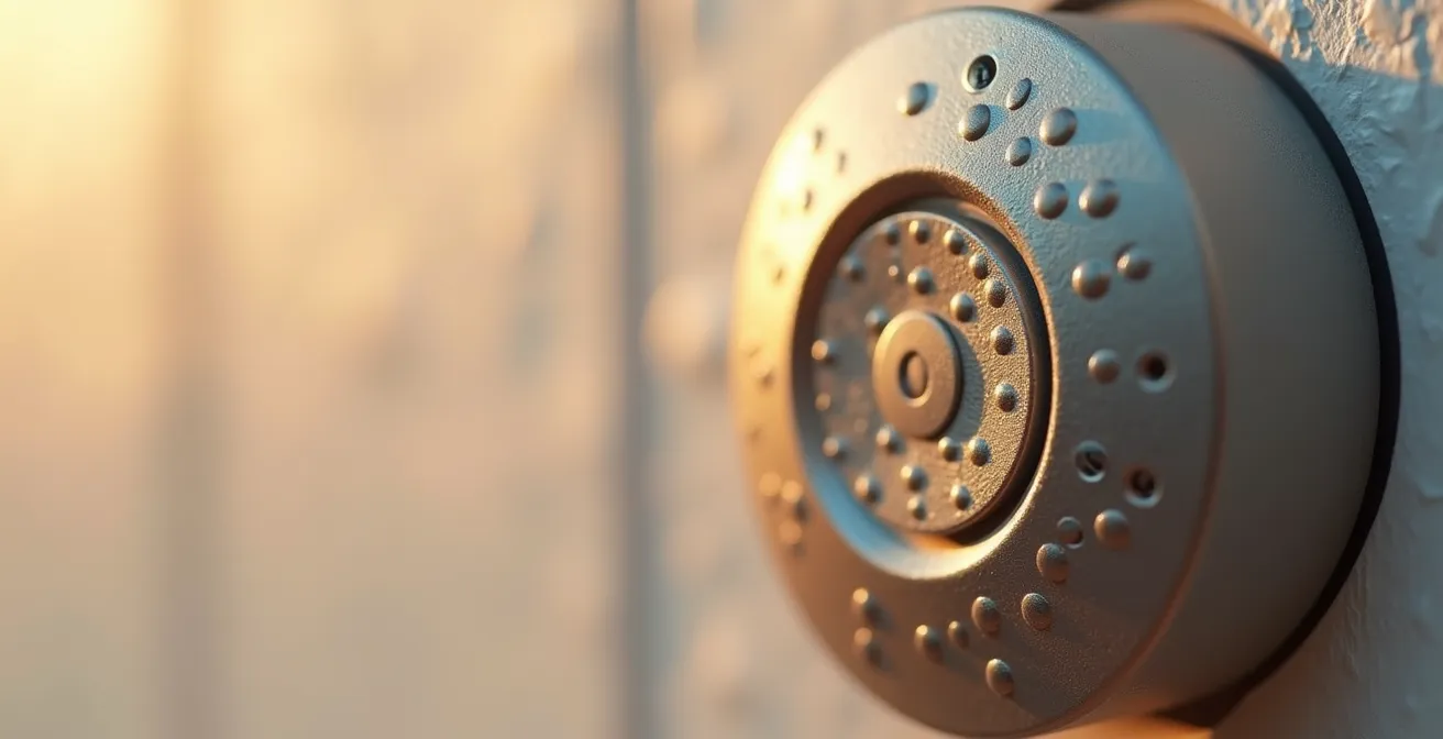 Extreme close-up macro shot of a large, textured adaptive emergency button designed for seniors with mobility or speech challenges.
