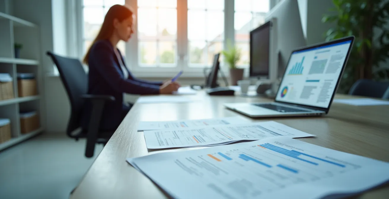 Professional reviewing verification documents and credentials at desk