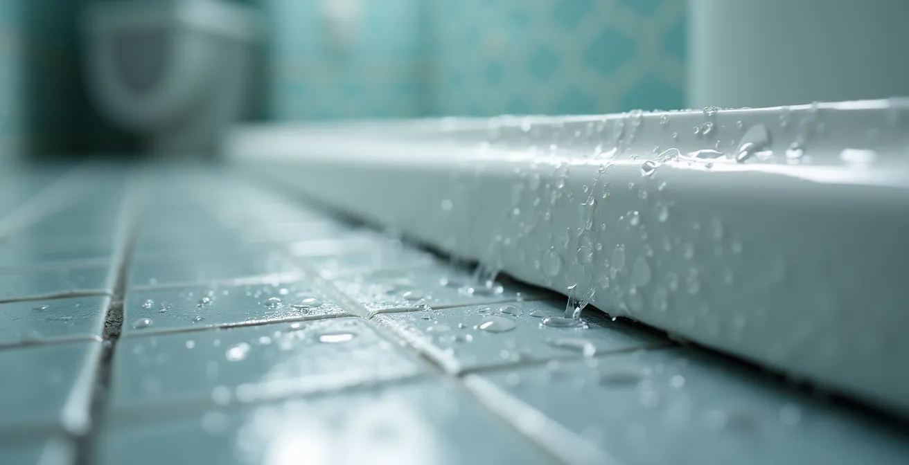 Close-up view of wet to dry transition at bathtub edge showing friction difference