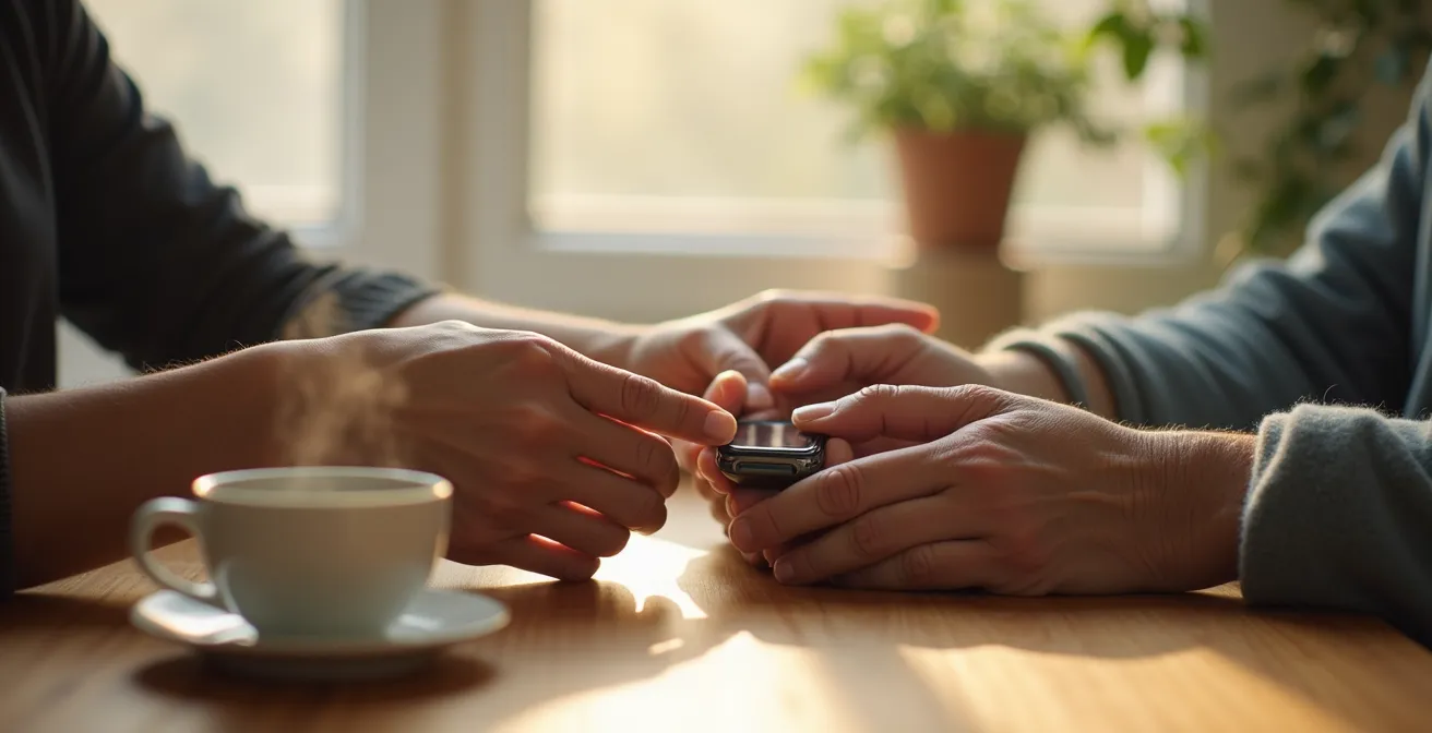 Caregiver having gentle conversation with elderly person about safety device