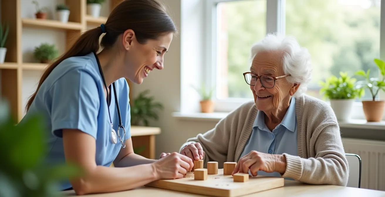 A caregiver provides gentle, supportive guidance to a senior working on a simple wooden shape-sorting puzzle in a bright, calming room.
