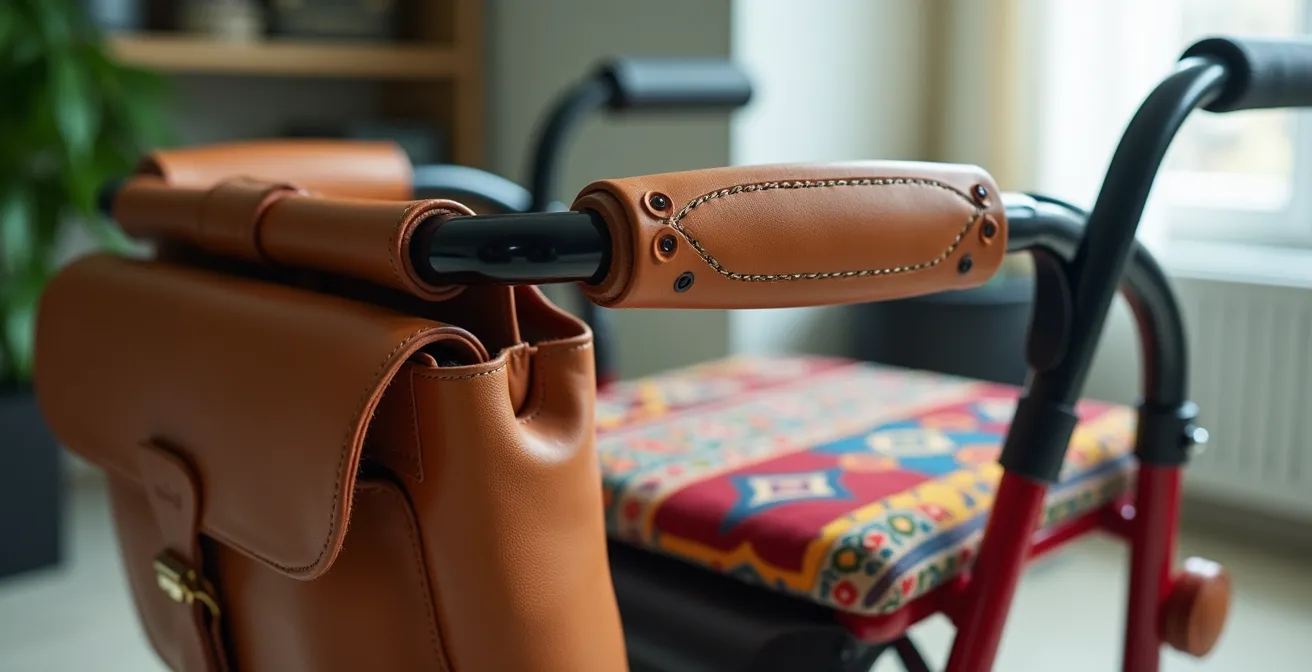 Personalized rollator with stylish accessories in a modern living space