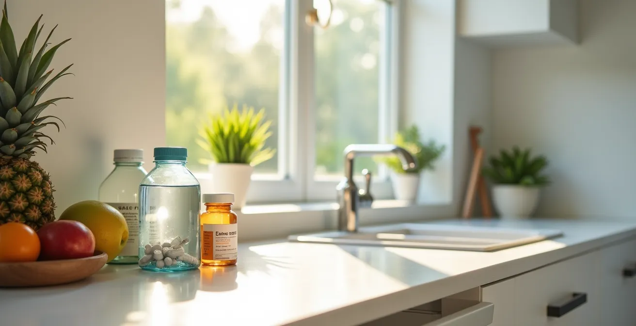 Wide angle view of senior's organized daily health management space