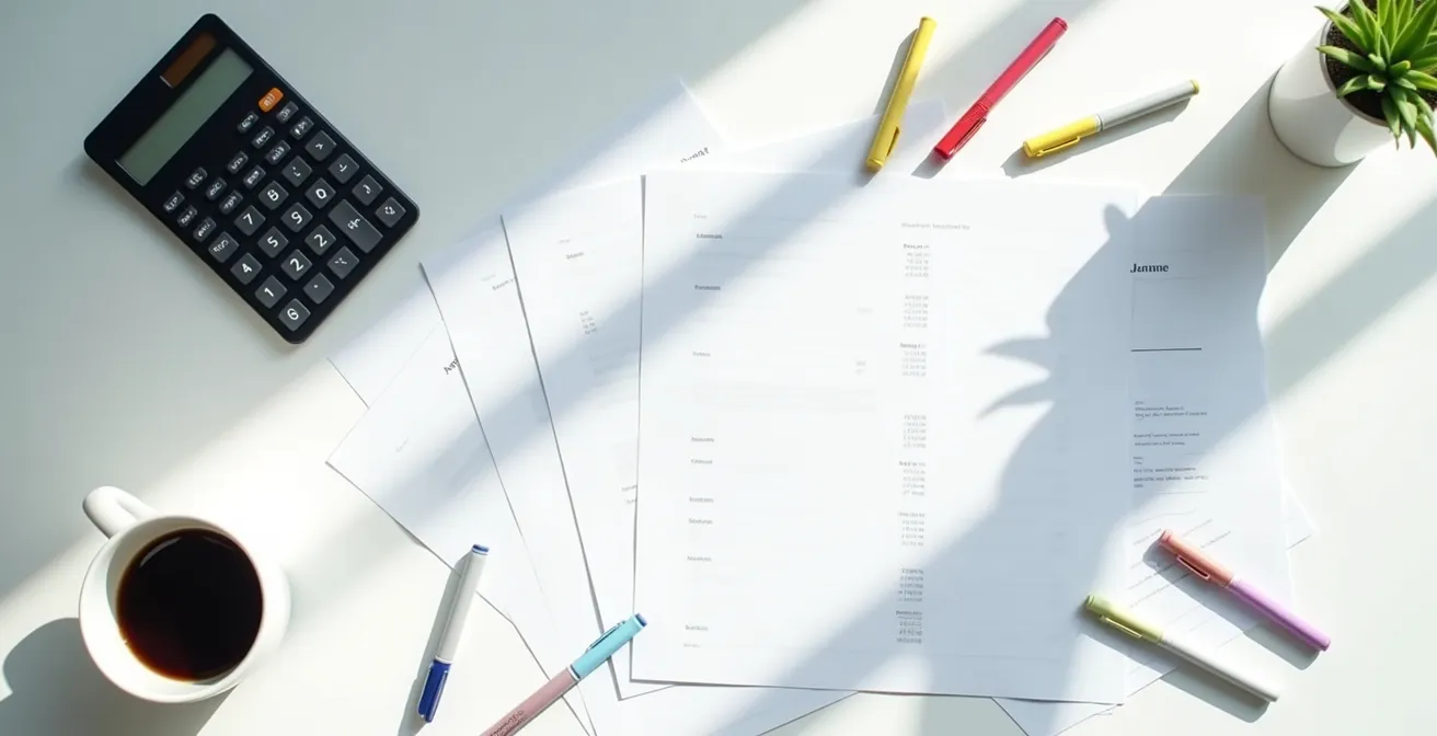Overhead view of organized workspace with cost calculation materials and calculator