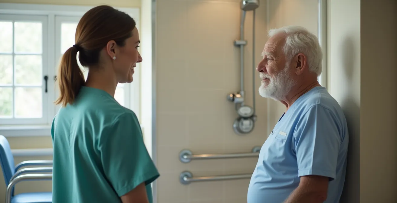 Caregiver observing elderly person from safe distance in bathroom setting with safety equipment visible