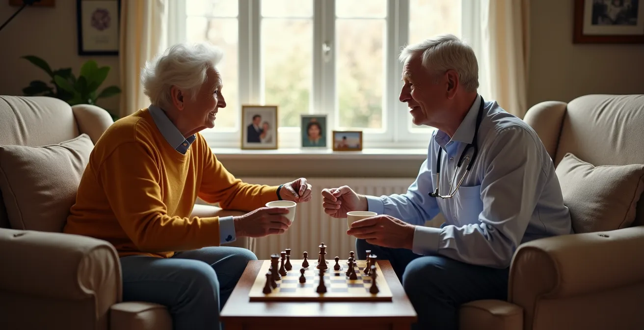 Elderly person and caregiver having a comfortable conversation in living room