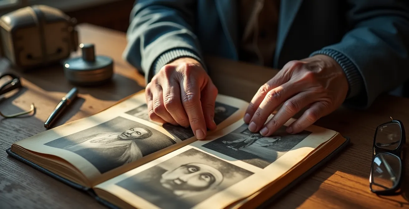 Senior adult writing in a journal with old photographs spread on a wooden table, symbolizing legacy and purpose.