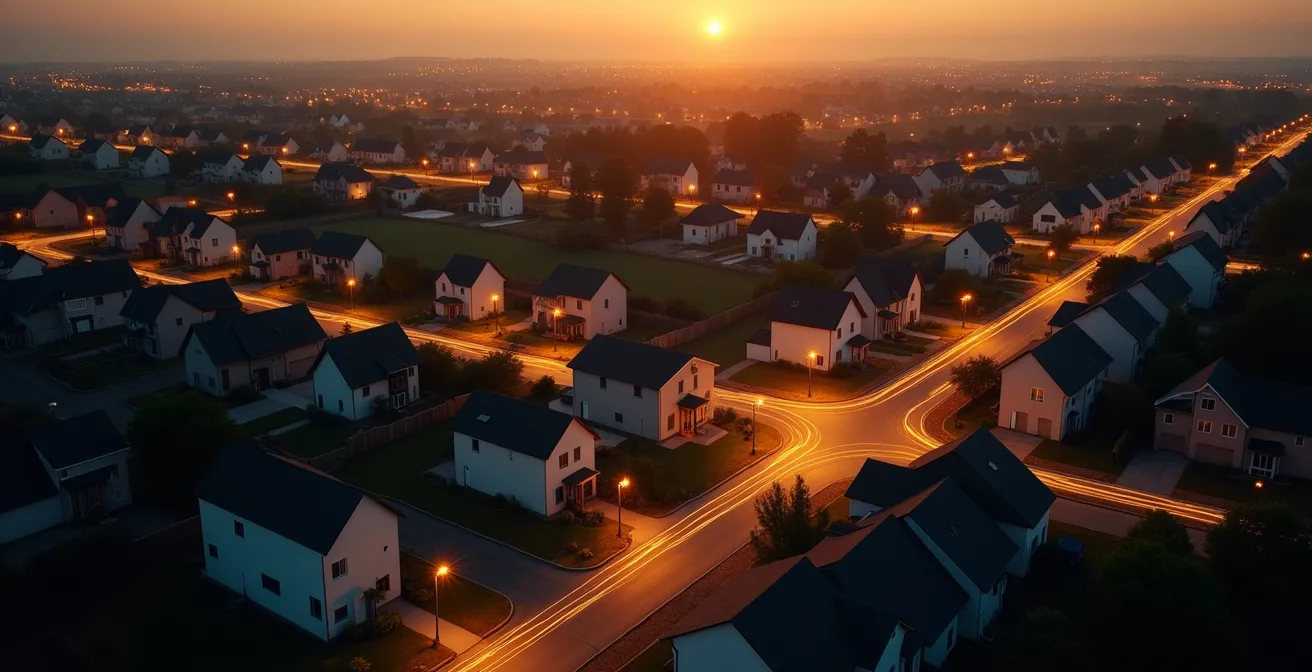 Aerial view of a suburban neighborhood with light trails connecting houses, representing an emergency contact network.
