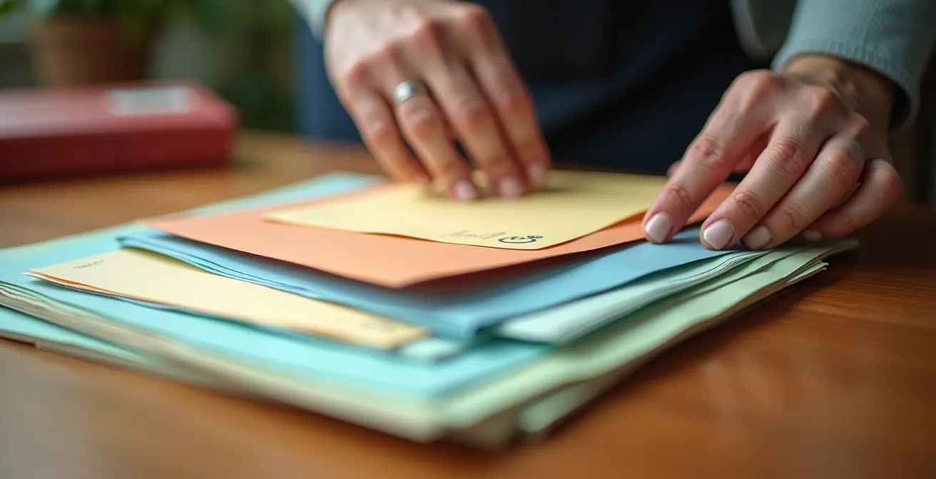 Organized emergency medical documents on table with elderly hands arranging papers