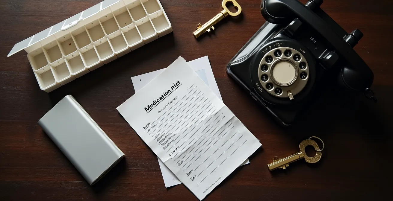 Organized emergency medication backup supplies on table