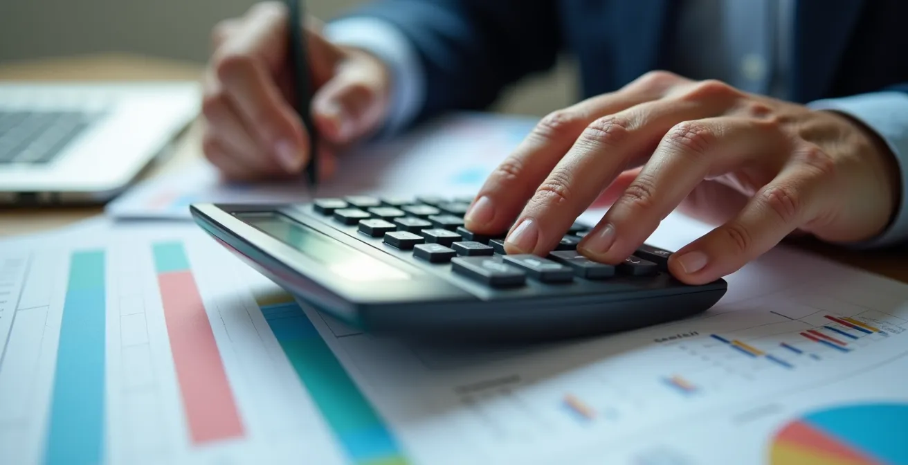 Close-up of hands using calculator with retirement planning charts in background
