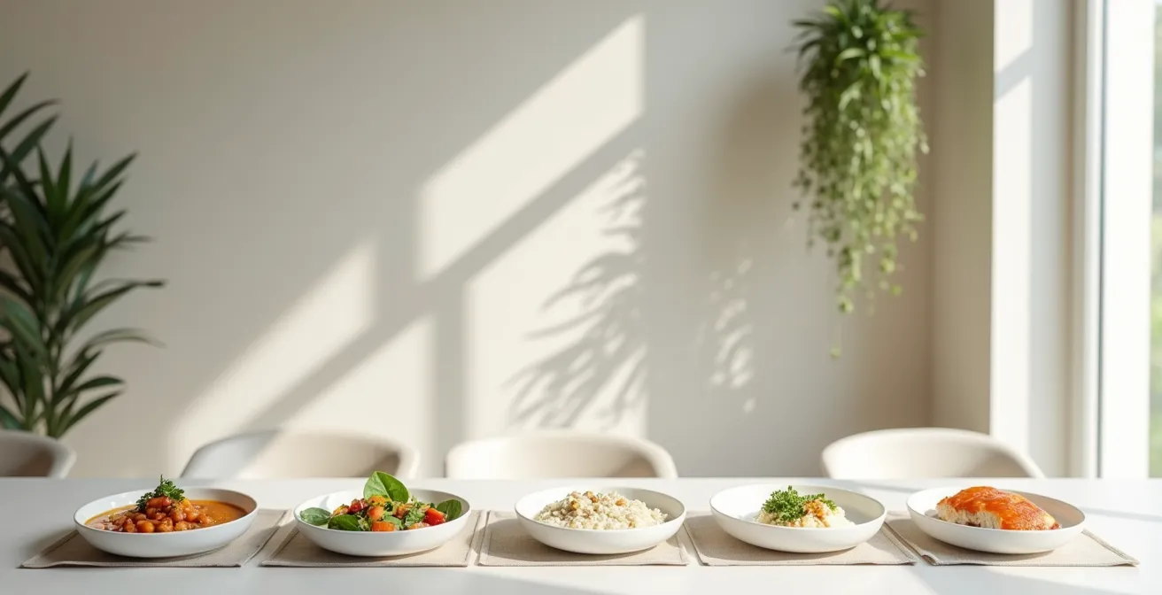 A day's worth of five small, colorful meals arranged on a dining table