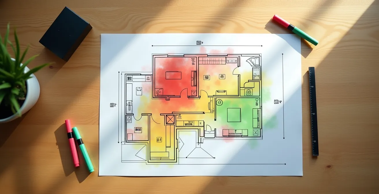 Overhead view of home floor plan with colored heat map zones showing voice coverage quality