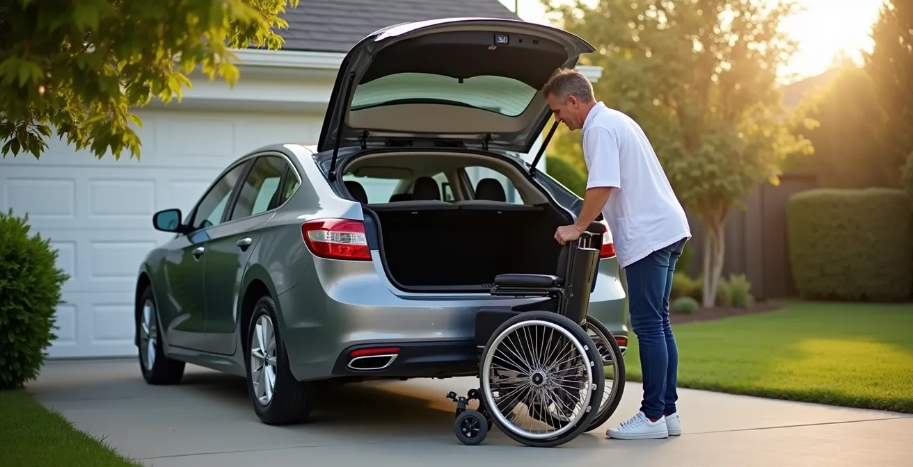 Person loading compact folded power wheelchair into sedan trunk