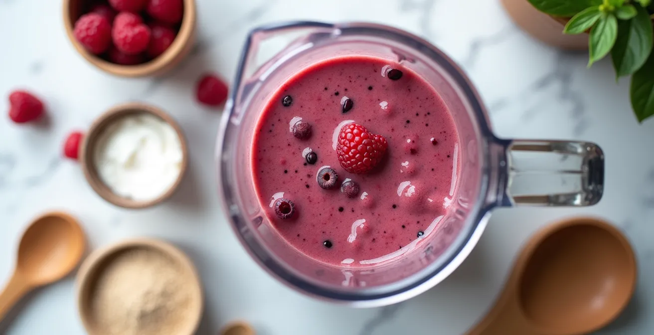 Kitchen counter with various protein fortification ingredients arranged for smoothie preparation