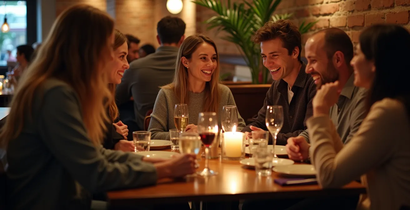 A diverse group of friends laughing together at a restaurant, with a wheelchair user naturally included at the table.