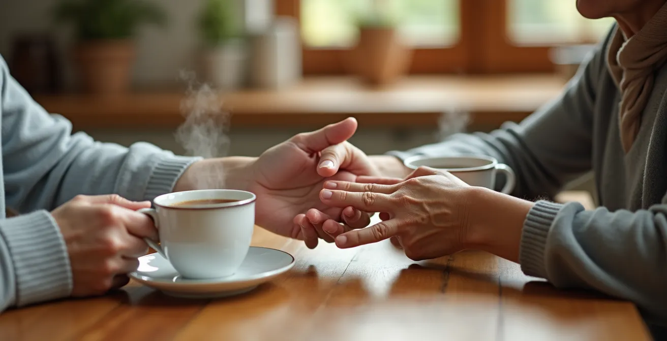 Close-up of an adult daughter's hands gently holding her elderly parent's hands across a warm kitchen table with two cups of tea.