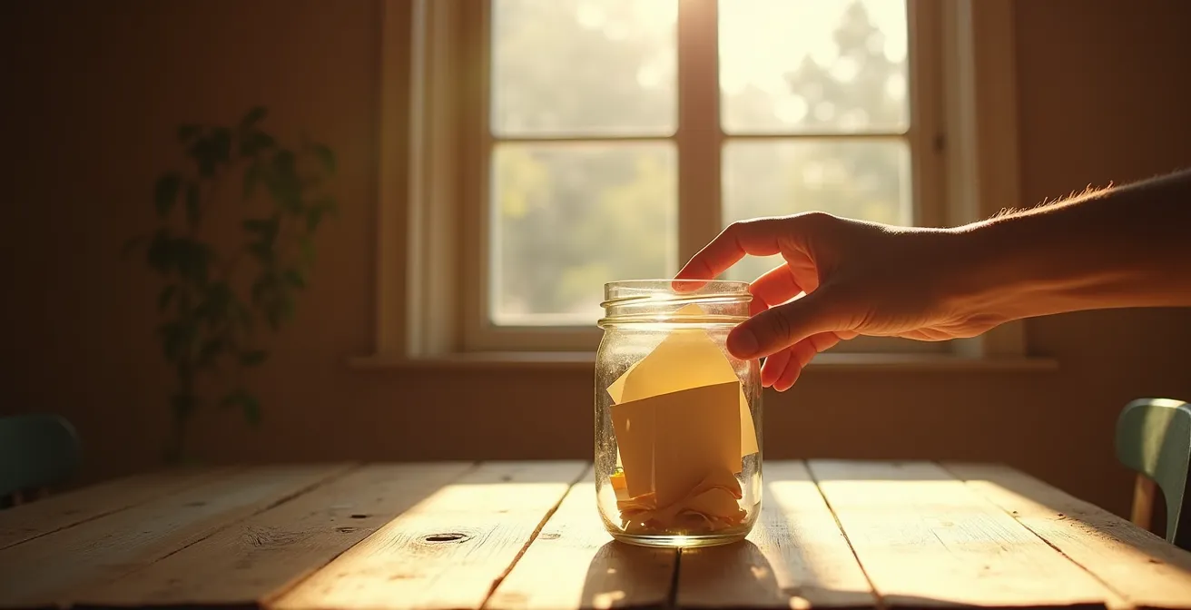 A glass jar filled with handwritten notes sits on a wooden table in warm afternoon light, symbolizing a collection of gratitude moments.