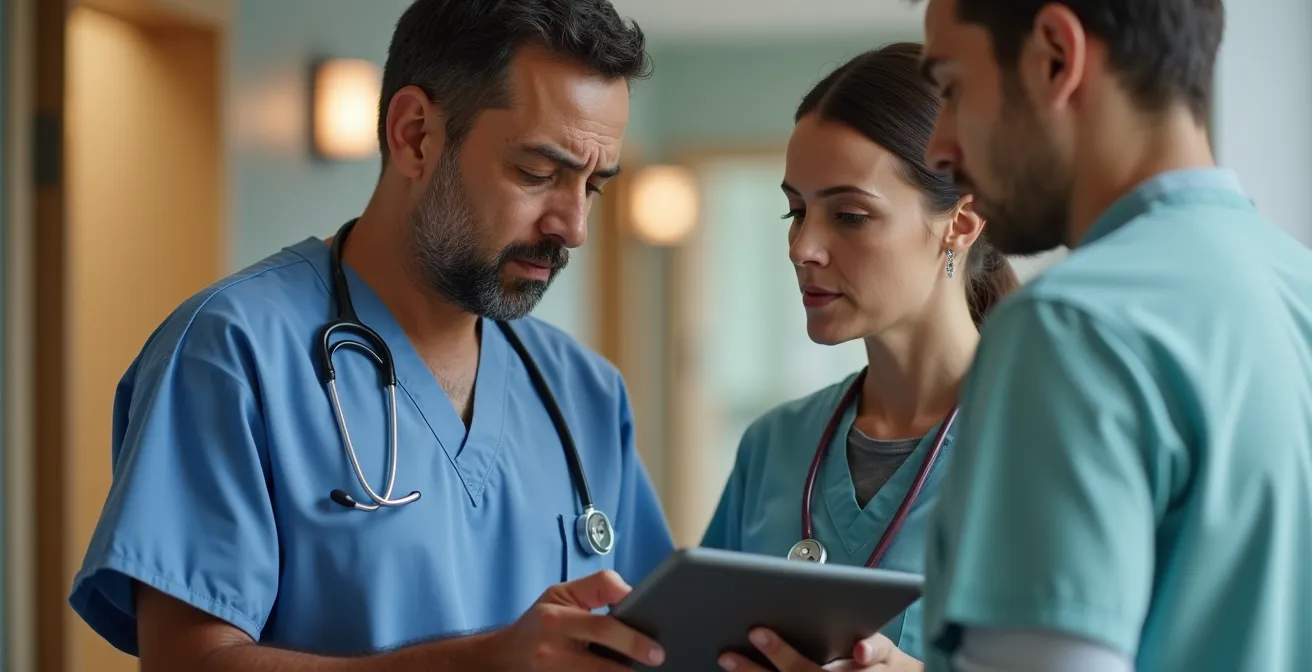 Medical team reviewing patient charts during discharge planning meeting