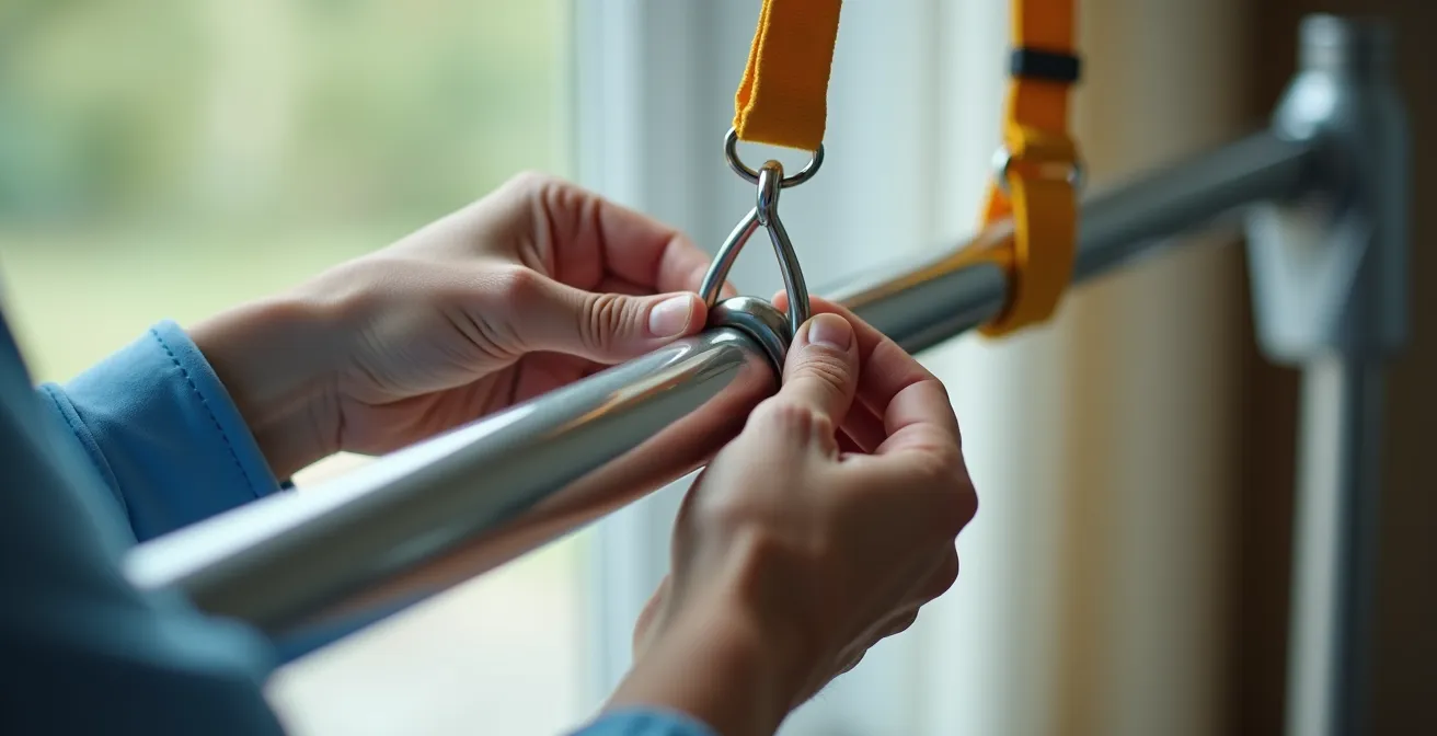 Close-up view of caregiver hands checking hoyer lift controls and sling attachments