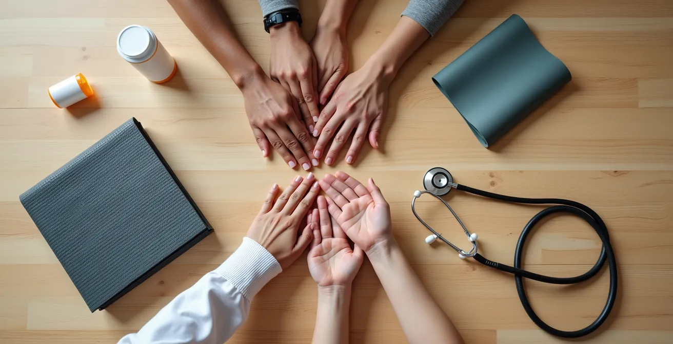 A top-down view of a healthcare team and an elderly patient's hands collaborating over a table showing both medical and holistic treatment items.