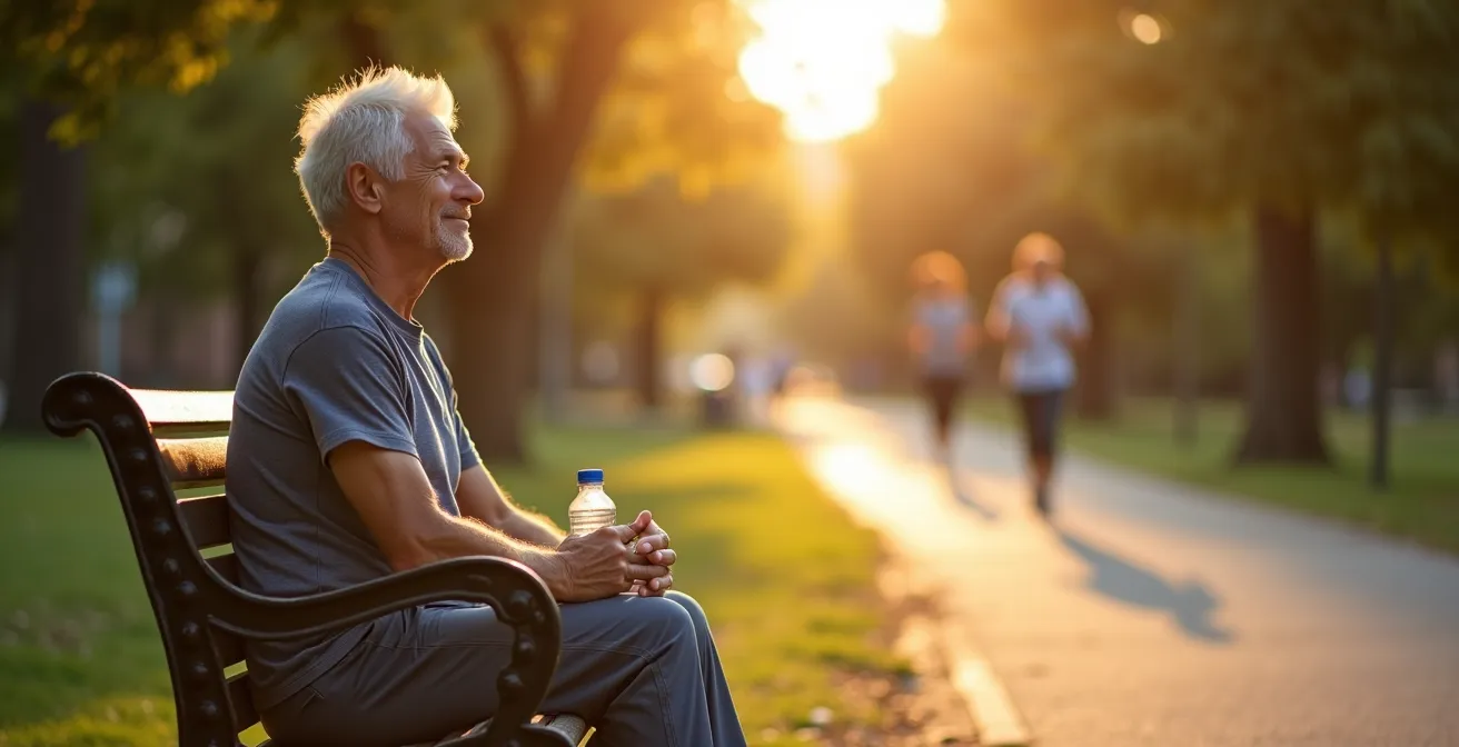 Person resting on a park bench during an interval walking session as part of a pain management strategy.
