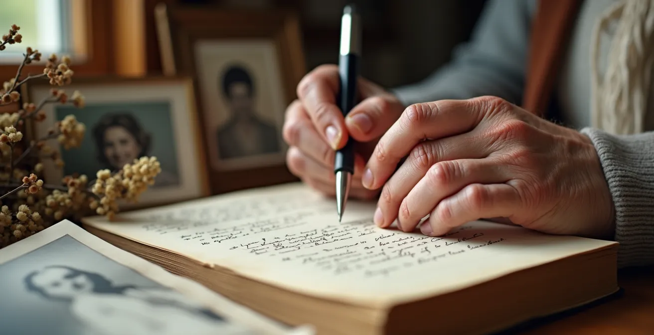 Close-up of weathered hands writing in a journal with family photos nearby