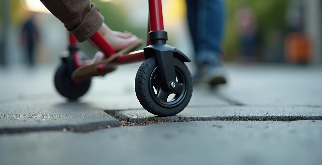 Close-up view of large rollator wheels easily rolling over a crack on an uneven pavement.
