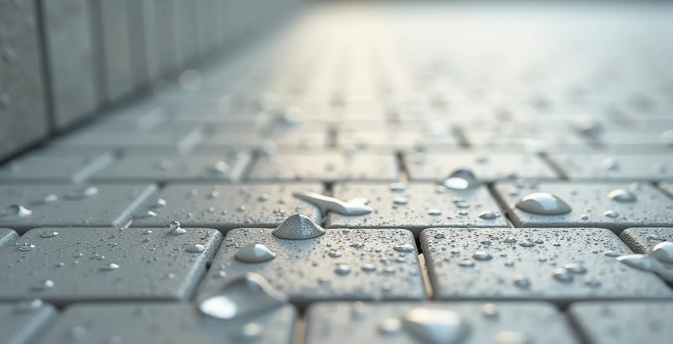 Extreme close-up of textured porcelain tile surface showing slip-resistant micro-patterns