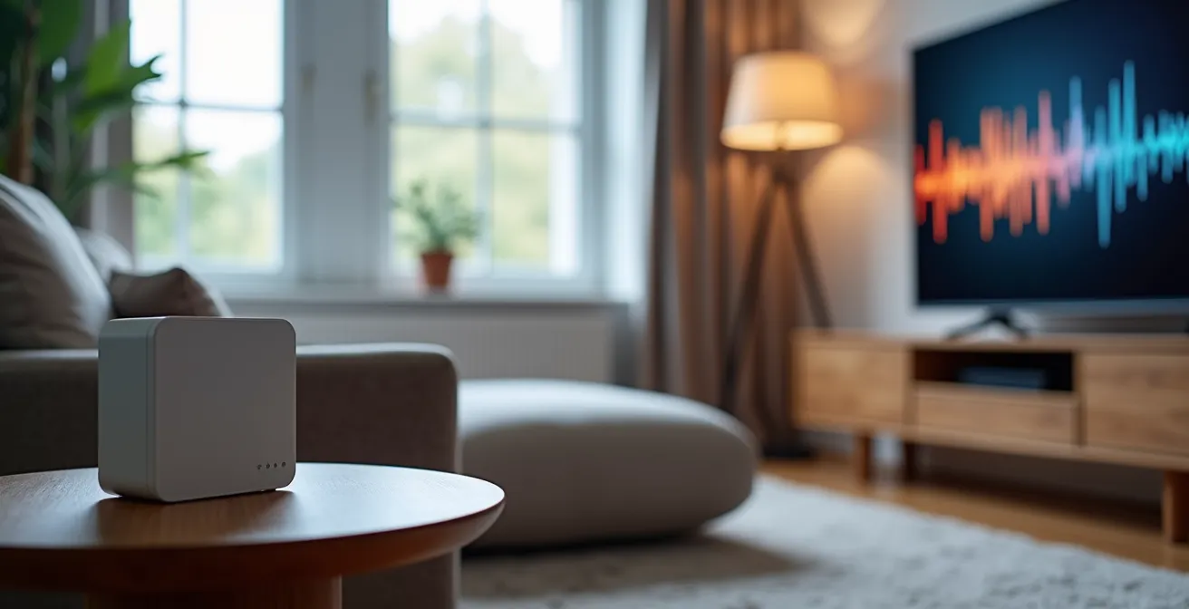 Living room setup showing optimal medical alert console placement away from TV noise sources