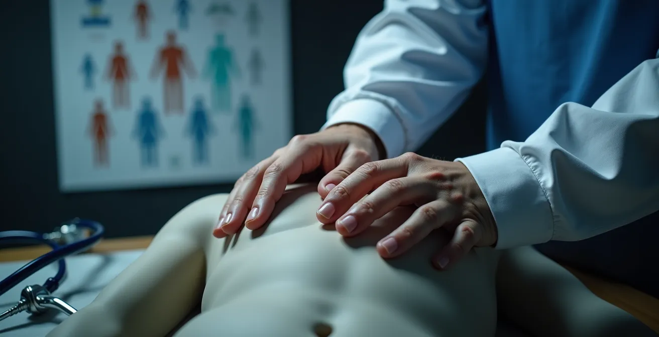 Healthcare provider demonstrating physical examination techniques that require in-person care