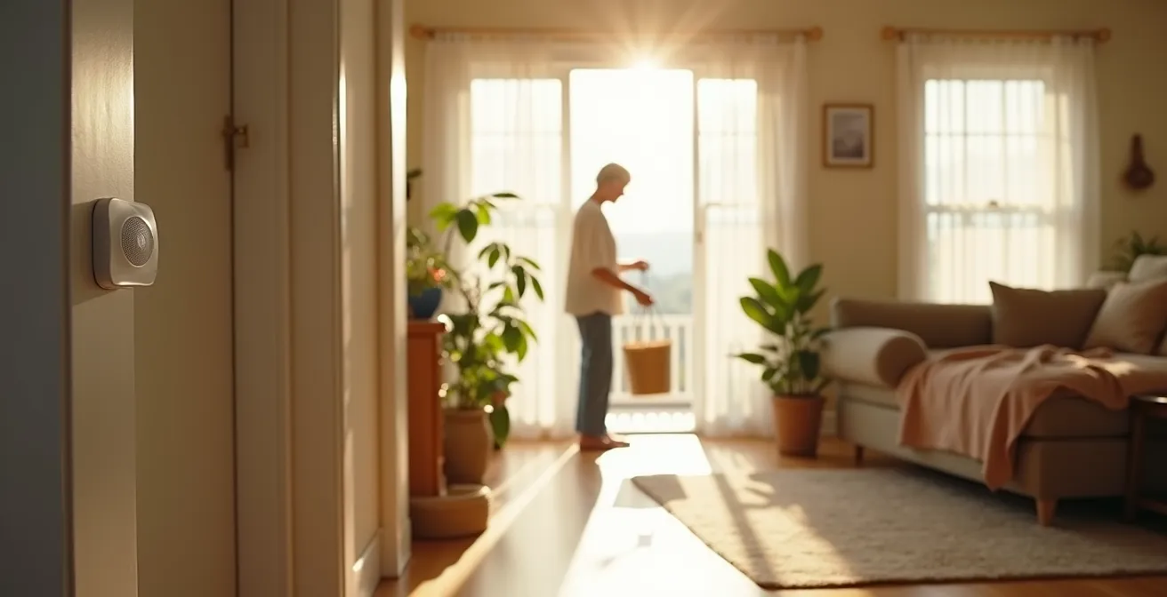 Wide shot of a bright living room with discrete sensors blending into the traditional home decor