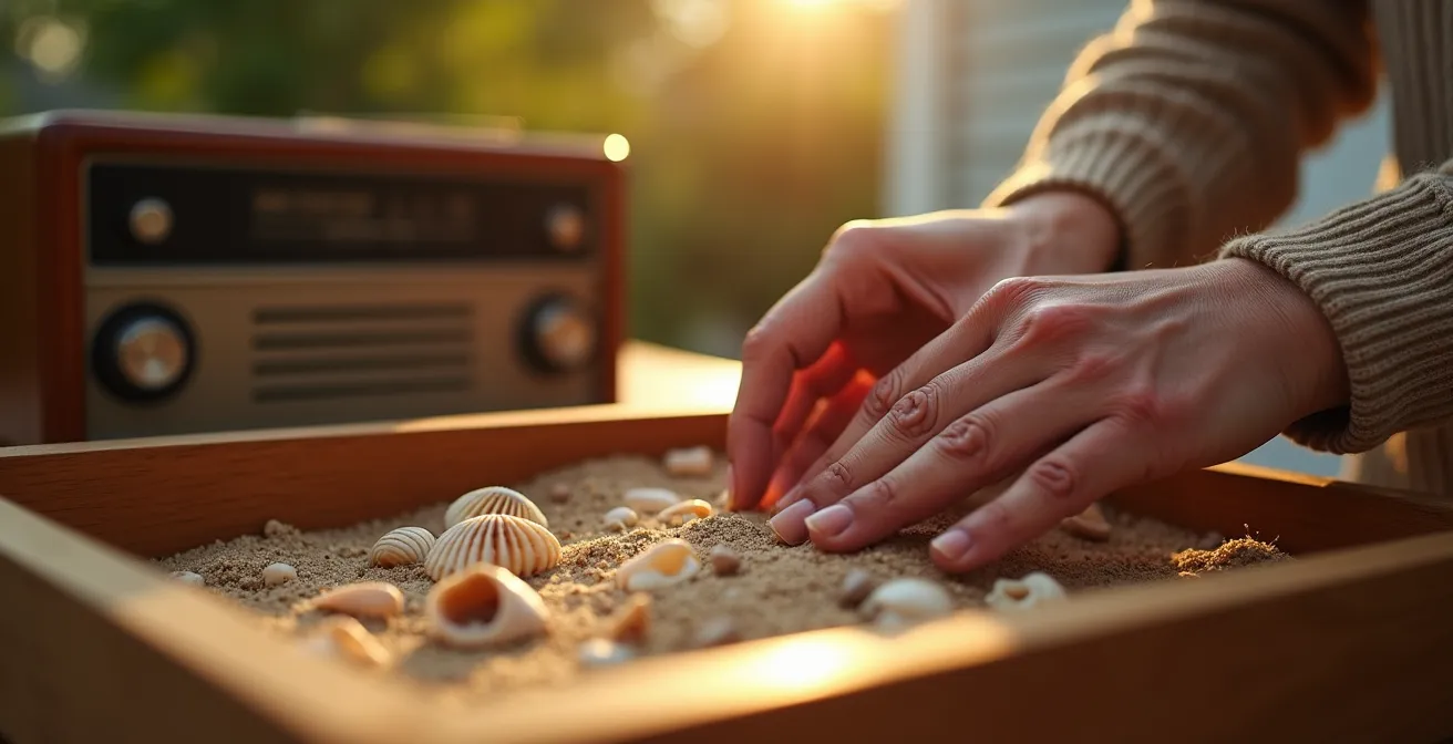 A senior listening to music with headphones while touching textured objects like sand and seashells in a therapeutic setting.