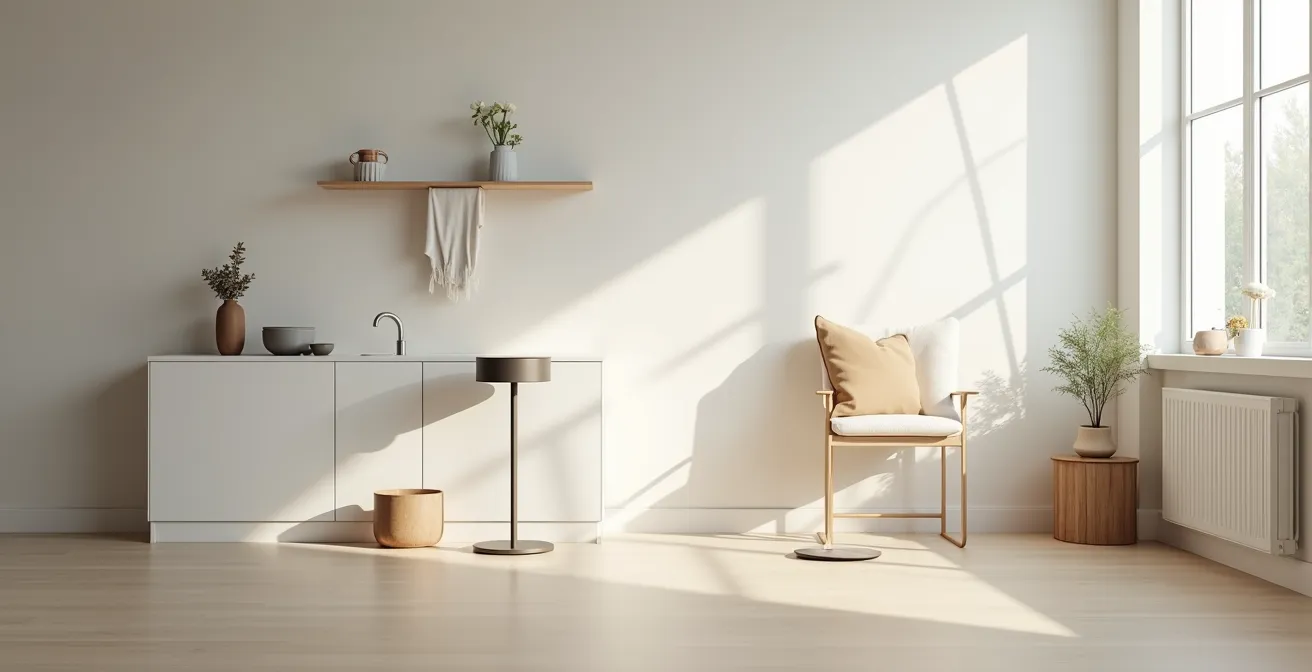 Wide view of accessible home setup with raised storage and reacher tools