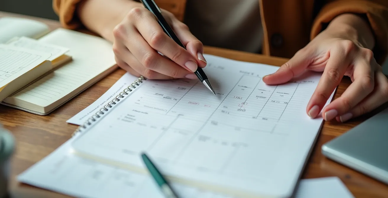 Caregiver organizing respite care documents at home desk with calendar