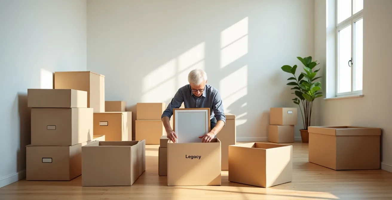 Wide angle view of organized sorting stations with labeled boxes in a bright, open space, representing the legacy curation process.