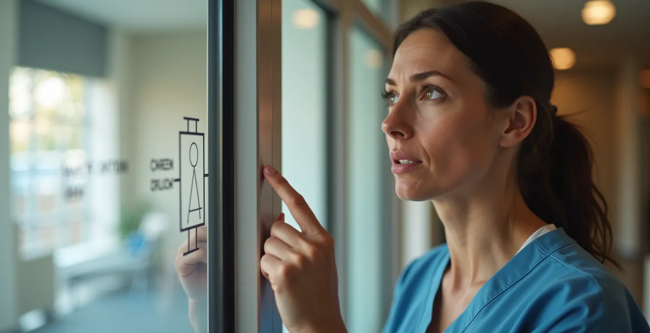 Professional caregiver examining weight capacity specifications on patient lift frame