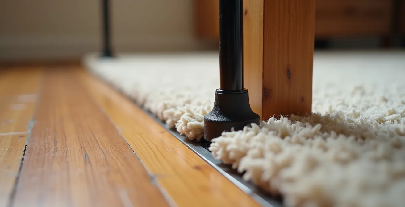 Close-up demonstration of proper lifting technique when transitioning from hardwood to carpet with quad cane