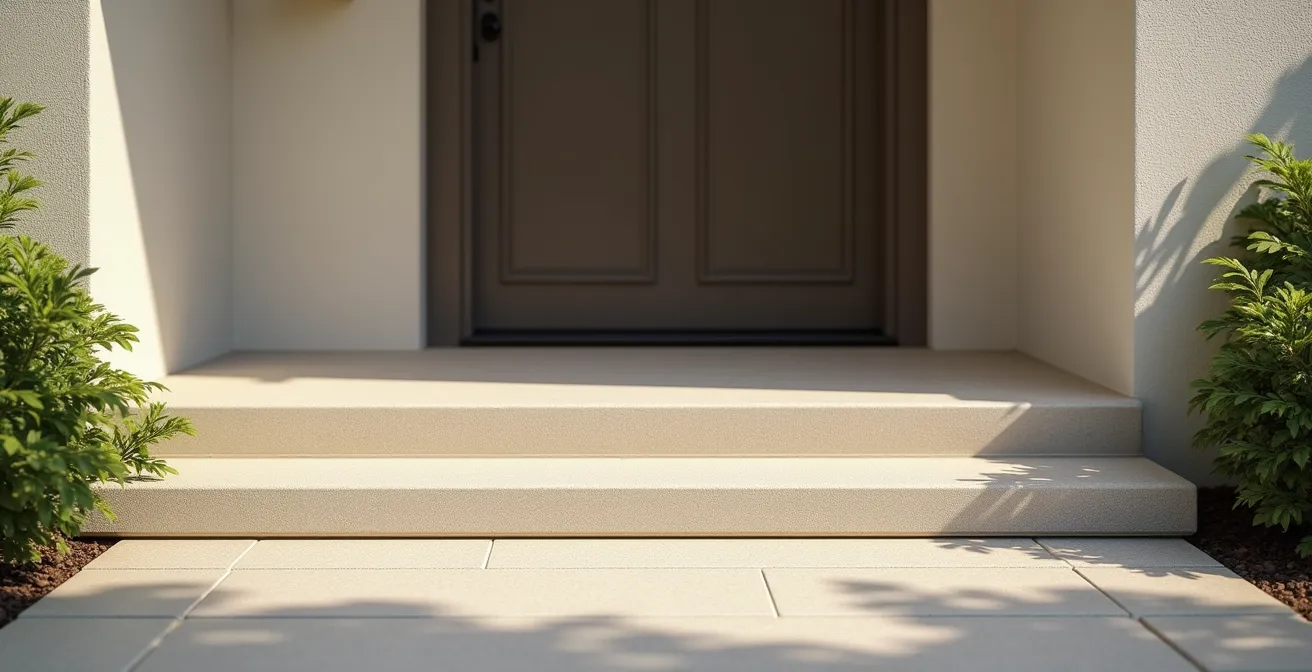 Wide angle view of proper ramp landing platform at residential door threshold