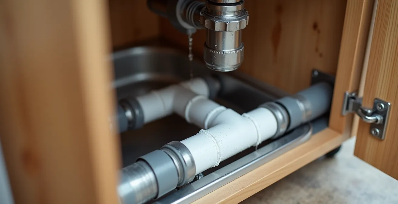Close-up view of accessible sink area showing knee space clearance, insulated pipes, and shallow basin design