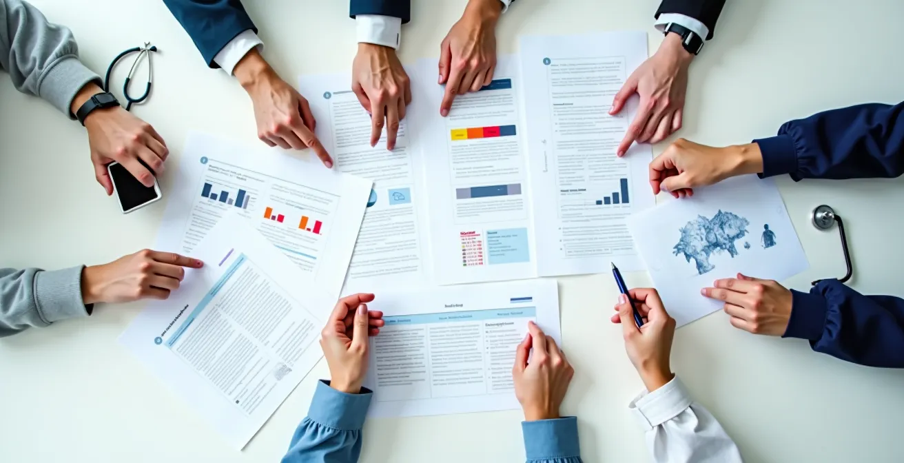 Professional hands organizing medical documents and care plans on a clean table surface