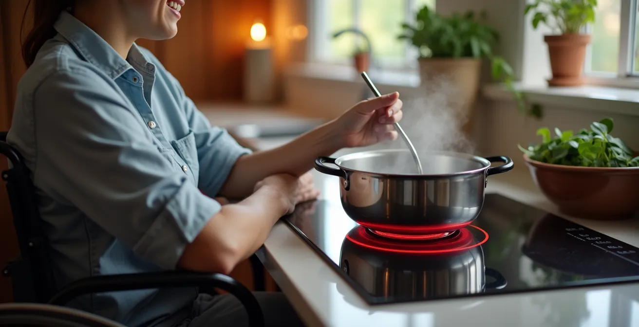 Person in wheelchair safely cooking at an induction cooktop with front-mounted controls and smooth surface