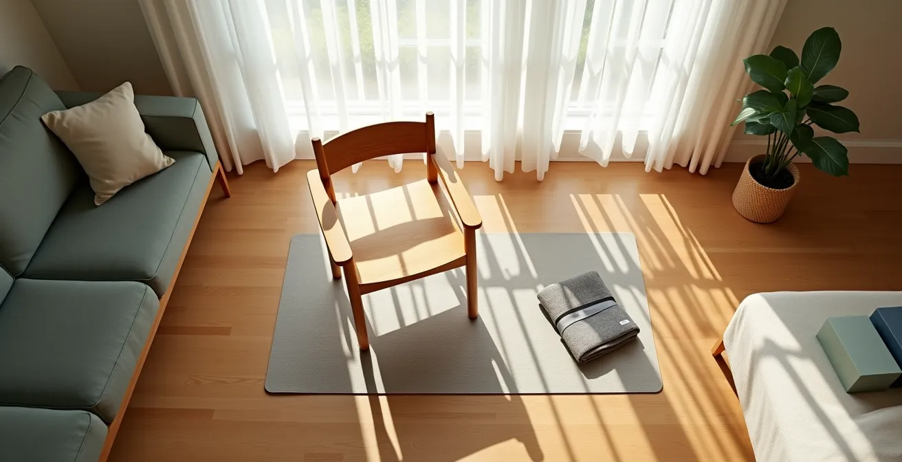 Overhead view of properly arranged home chair yoga space with safety equipment
