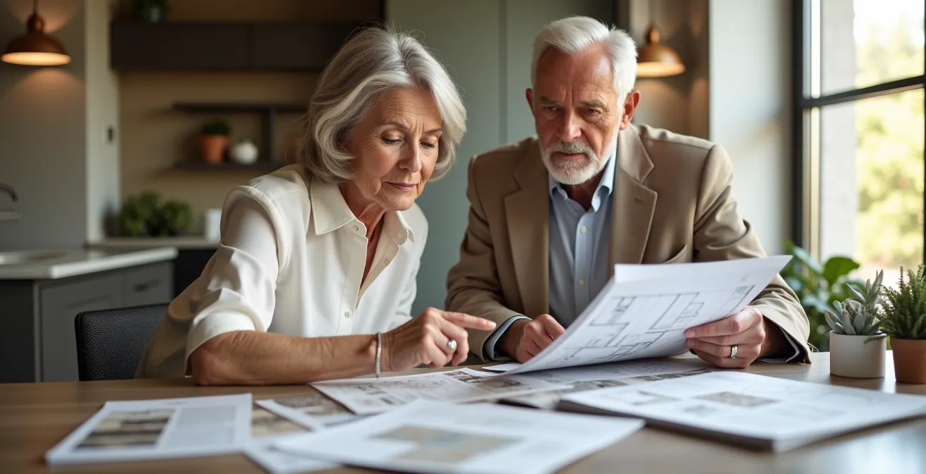 Older couple examining bathroom design samples and renovation plans together