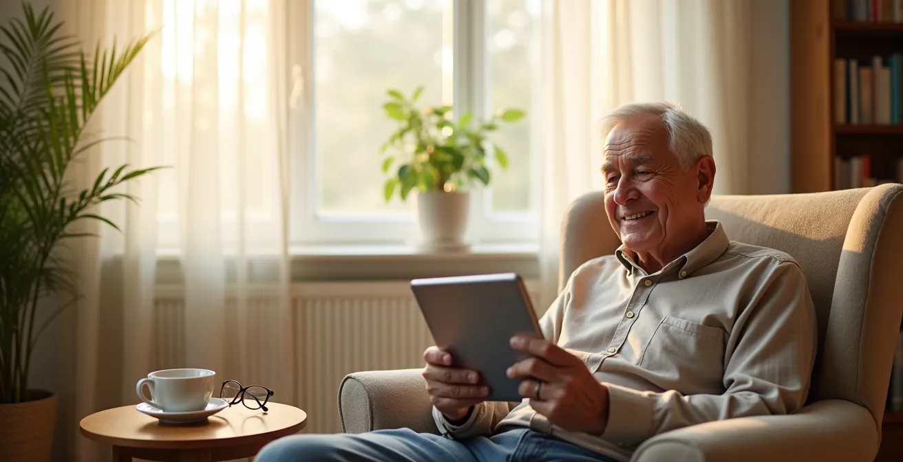 Senior happily engaging with family through digital device in comfortable setting