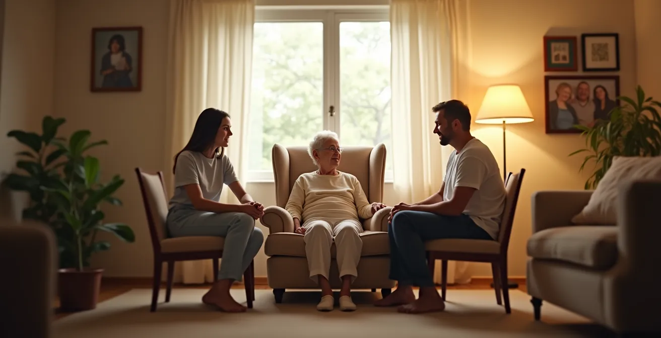 Family supporting elderly parent in comfortable home consultation