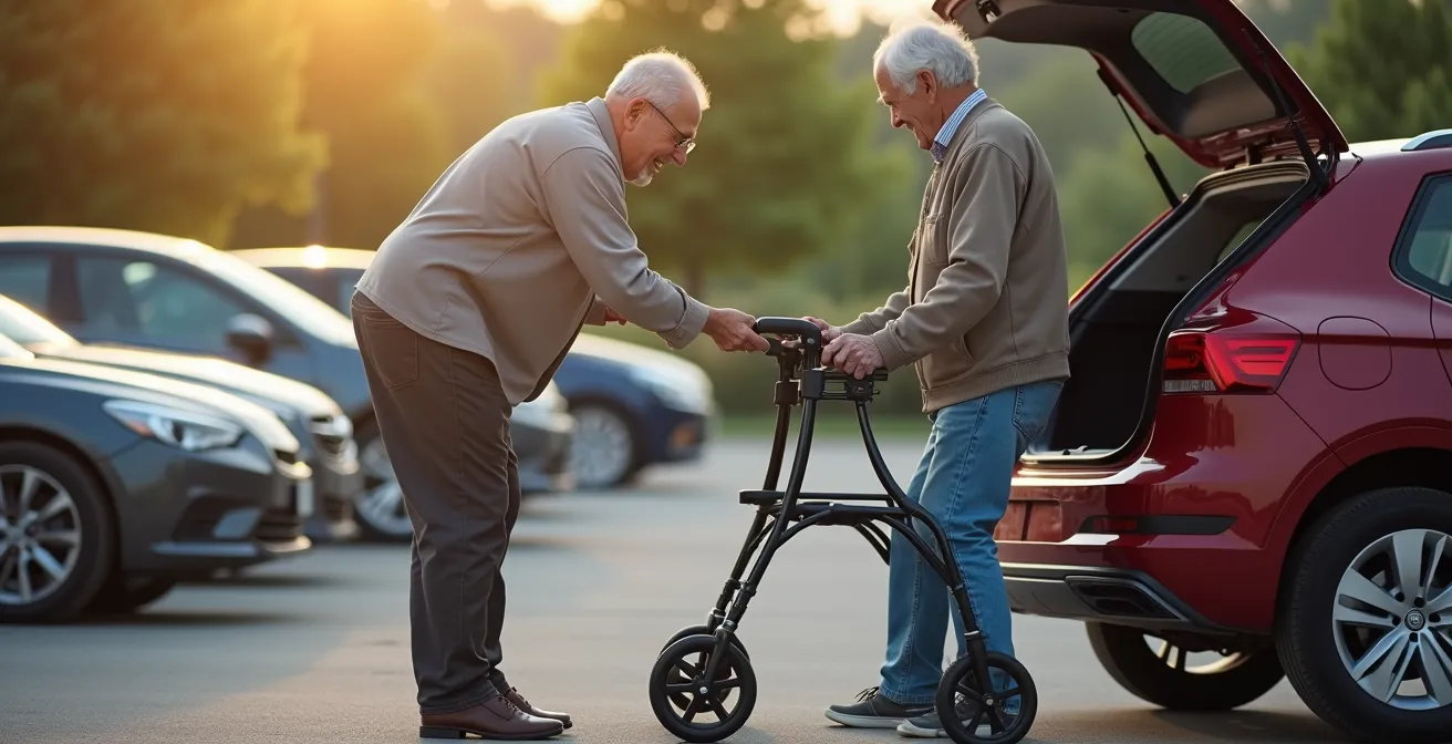 A senior correctly bending at the knees to safely lift a lightweight, folded rollator into the trunk of a car.