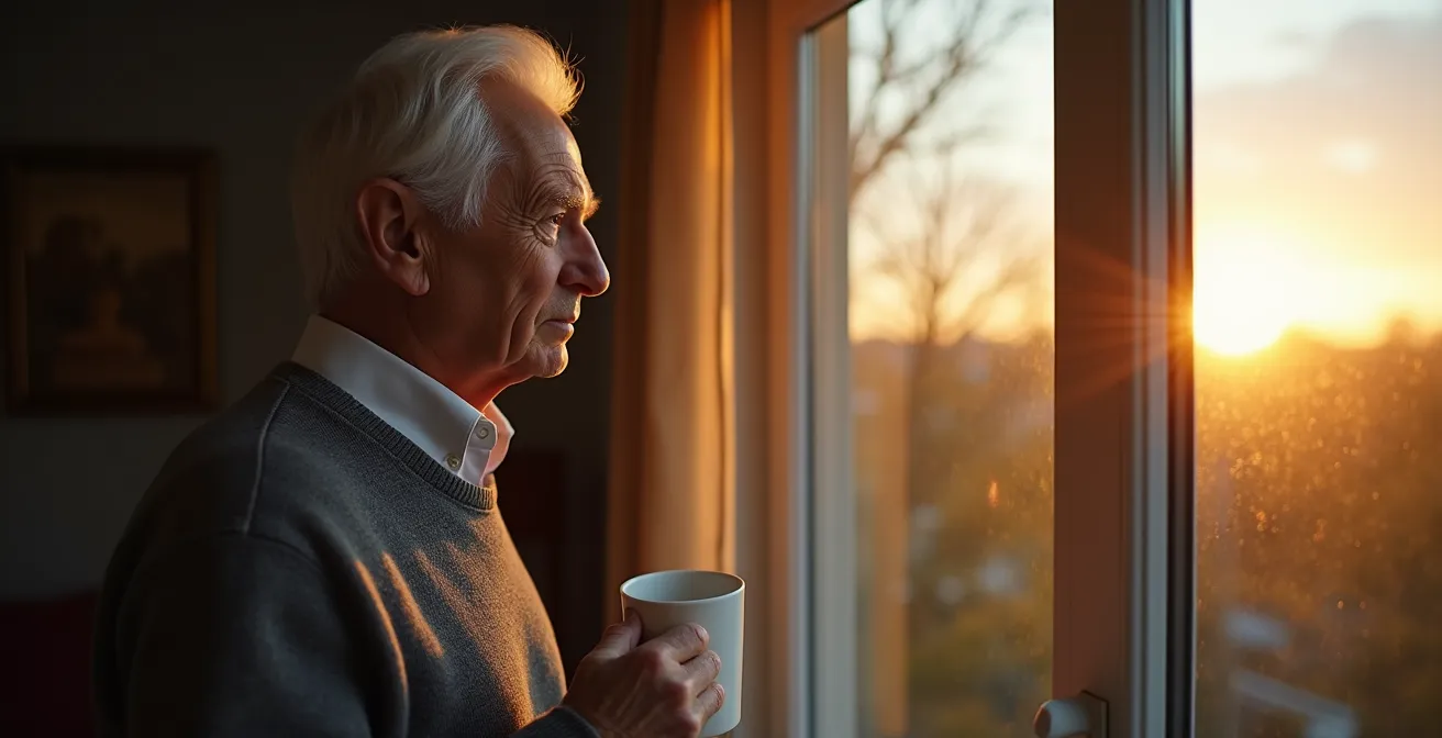 Thoughtful senior man gazing out window while holding coffee, representing decision-making moment