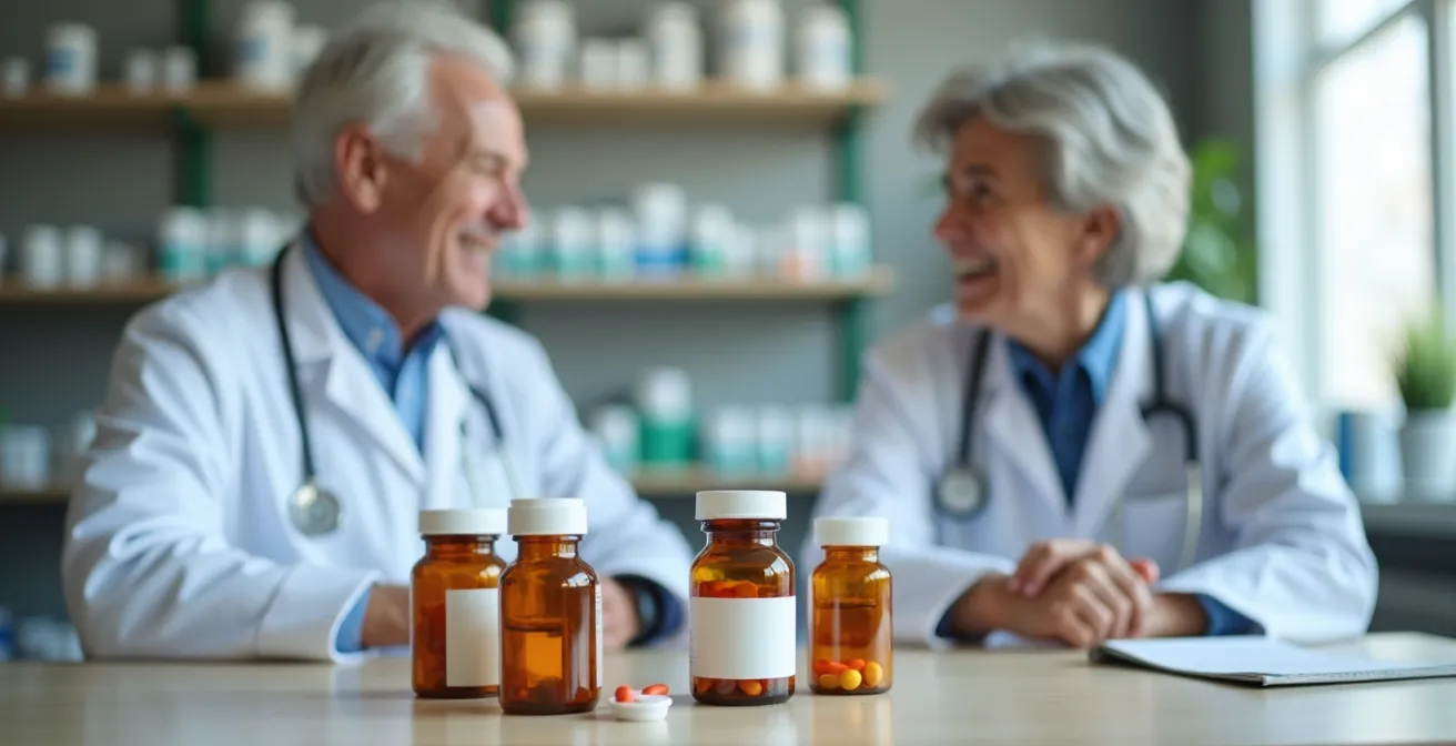 Elderly patient consulting with pharmacist about multiple medication bottles