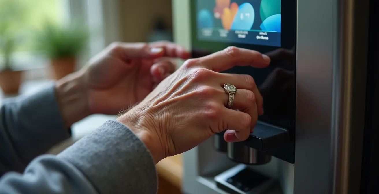 Close-up of elderly hands using touchscreen on automated pill dispenser